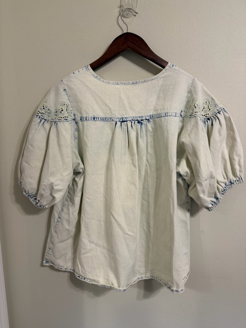 Entro Chambray Denim Blouse Lace Puff Sleeve Cottagecore Boho Women’s L - Picture 5 of 8